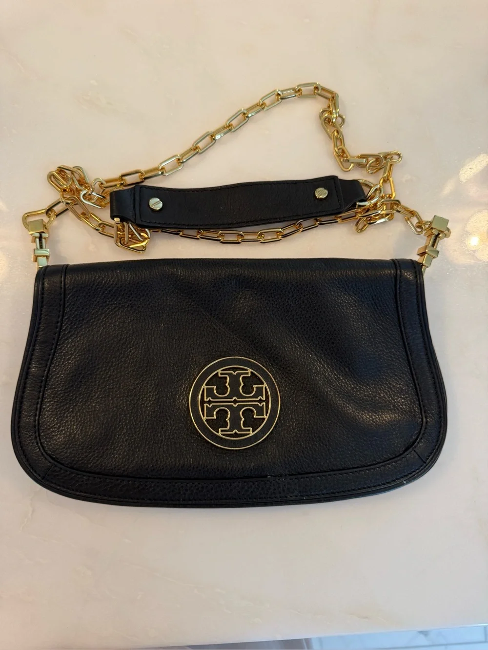 Tory Burch Black Leather Shoulder Bag with Gold Chain Strap